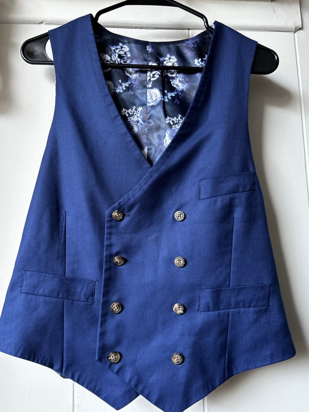 Double-Breasted Blue Men's Vest with Floral Lining